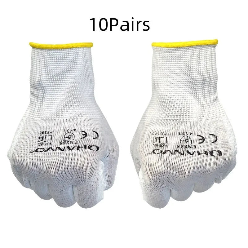 White PU coated work gloves showing palm coating and extended 24cm length.