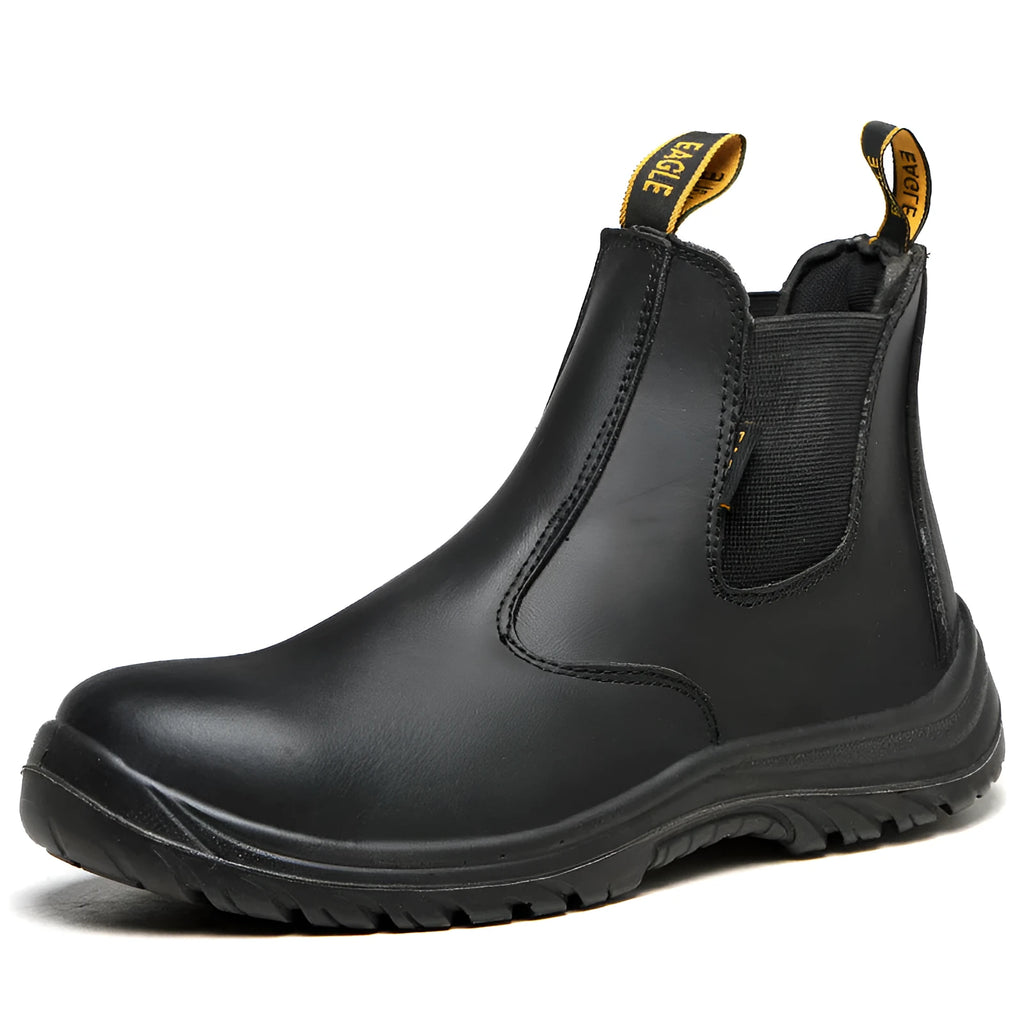 Black leather safety work boots with high-top design and steel toecap protection