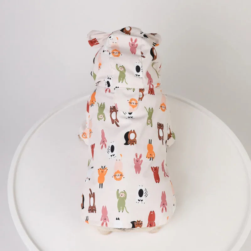 Beige cartoon dog raincoat with waterproof coating in small animal or cat head design