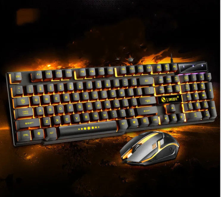 Limei GTX300 white and black wired gaming keyboard and mouse set with backlit keys on a desk