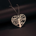 Personalised name necklace with hollow heart and tree pendant in silver, gold, or rose gold on a metal chain.