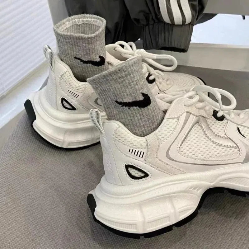 Beige mesh platform sports shoes with wedge heel and lace-up front closure