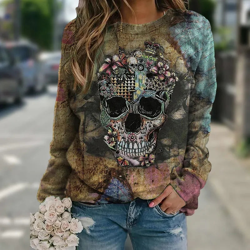 Black men's long sleeve sweatshirt with skull print design on front