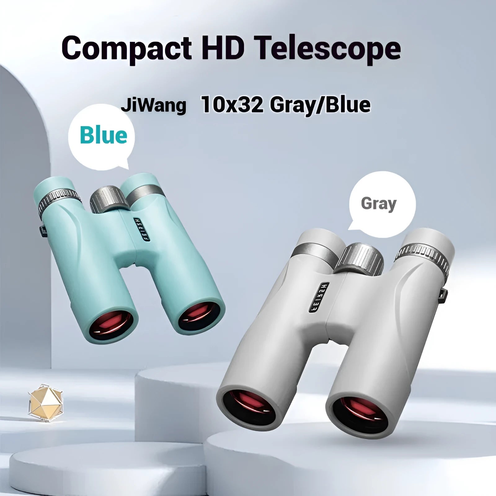 10x32 wine red film binoculars in grey or blue colour, showing compact design and large objective lenses.