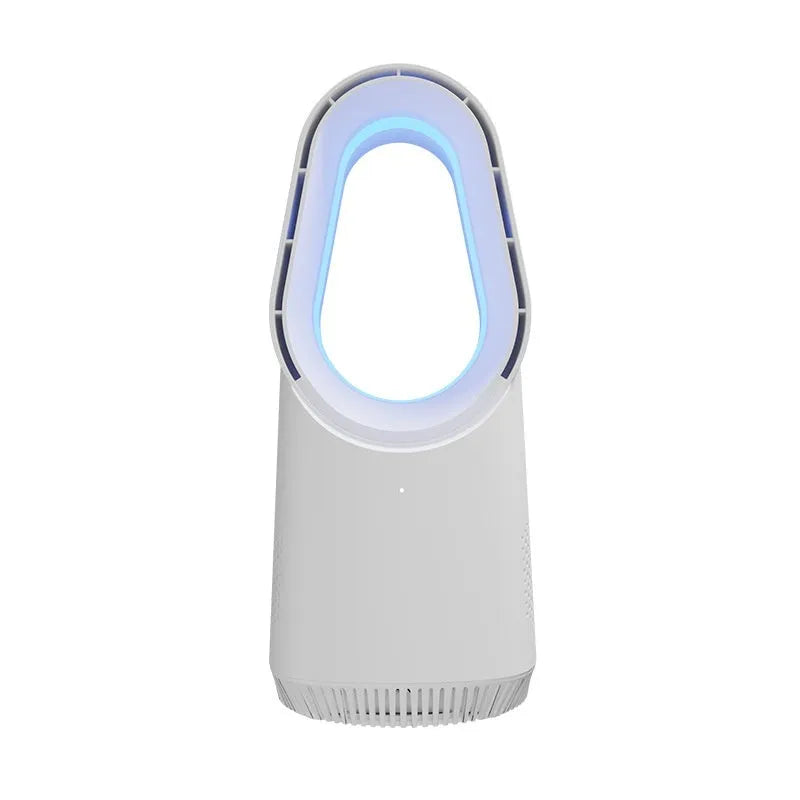 White SK bladeless tower fan with remote control on a desk