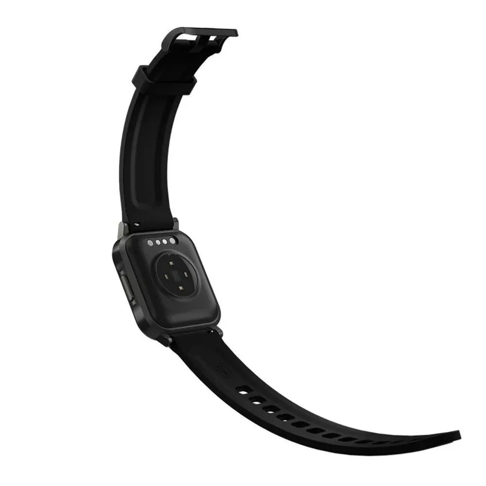 Black waterproof smart bracelet with 1.4-inch screen on silicone wrist strap showing heart rate display