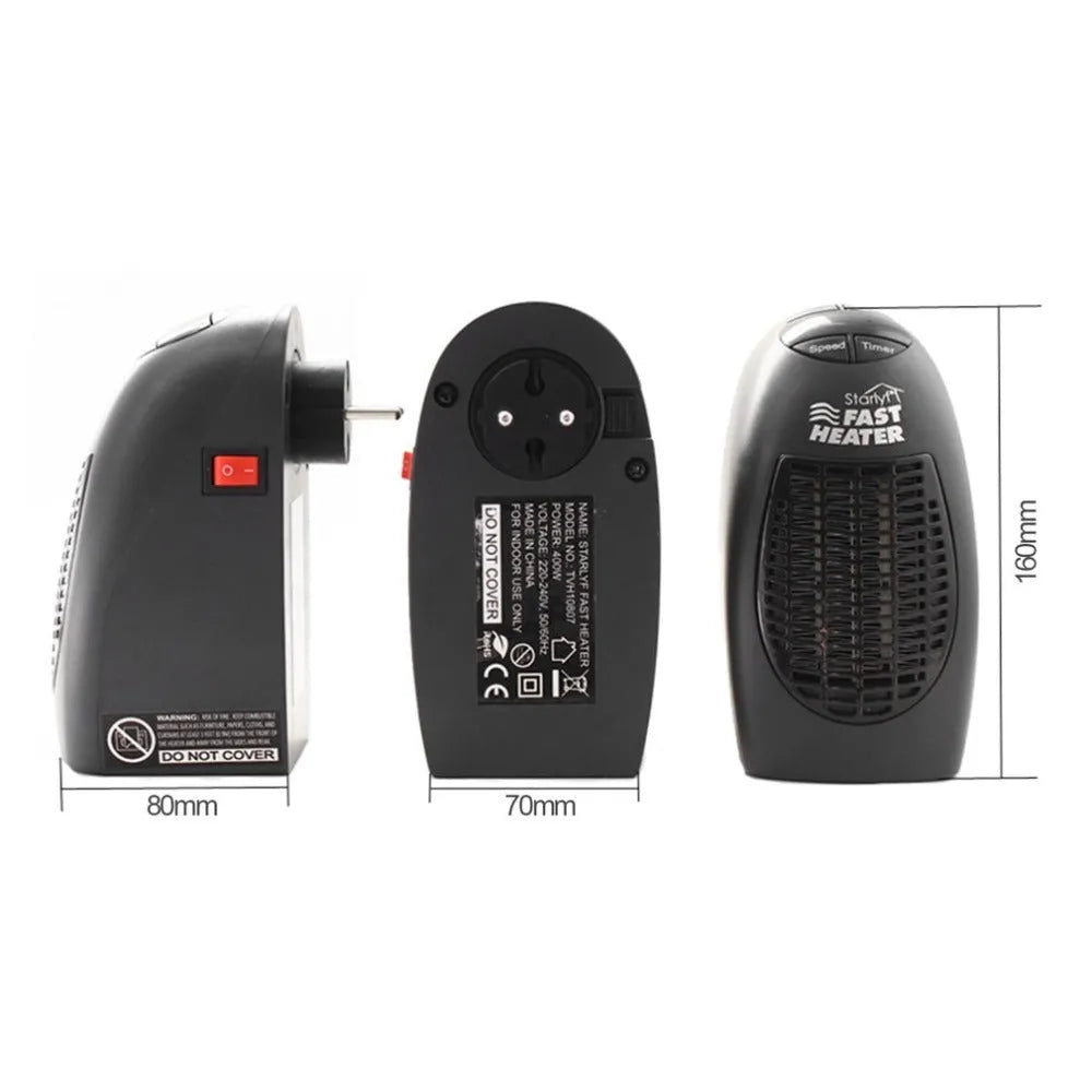 Black mini ceramic electric heater with digital display and a rotating three-prong plug on a white background.
