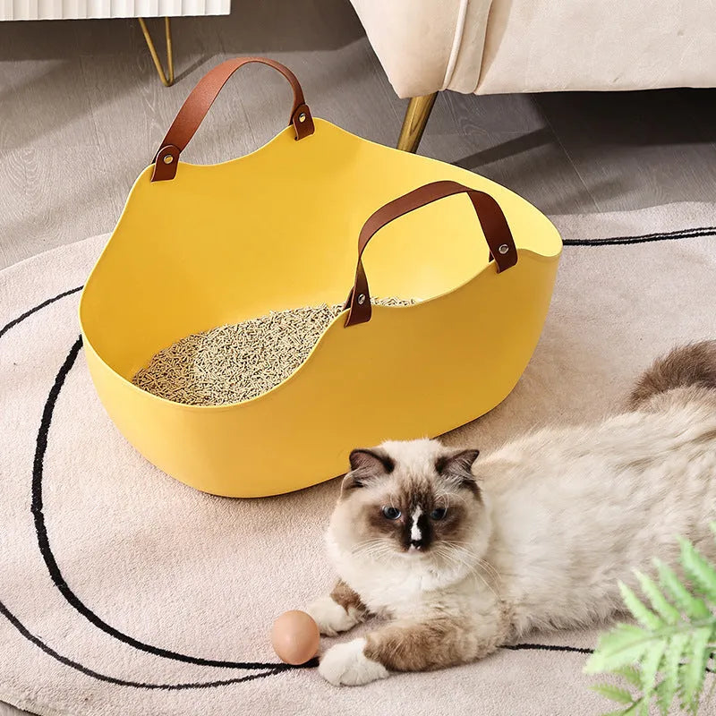 Portable PE open cat litter box in grey, size 51x36x24cm, placed on a flat surface.