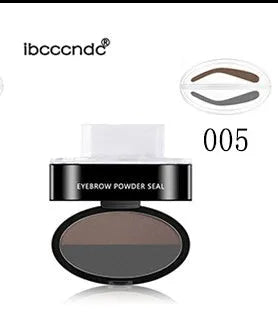 Eyebrow powder stamp with dual powders and reusable stencils in dark brown and light brown shades.