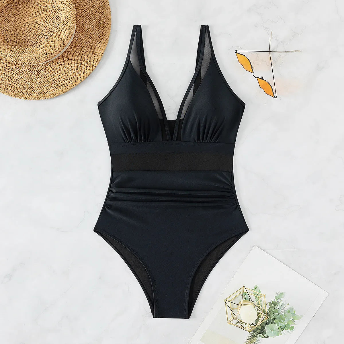 Black mesh halter one-piece swimsuit for women with briefs cut in nylon fabric