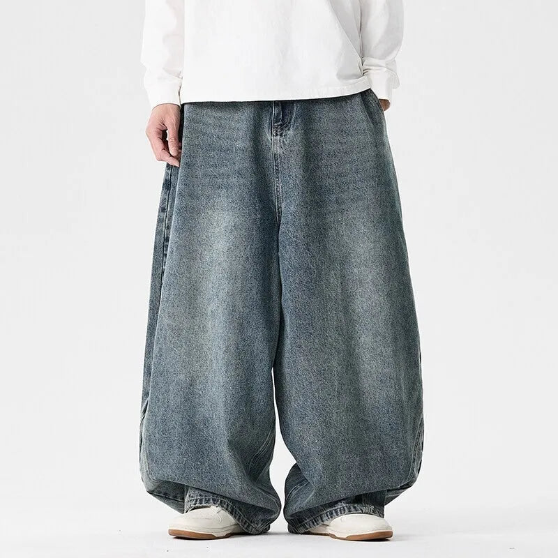 Men's plus size wide leg cotton denim jeans in three colour options with straight leg opening
