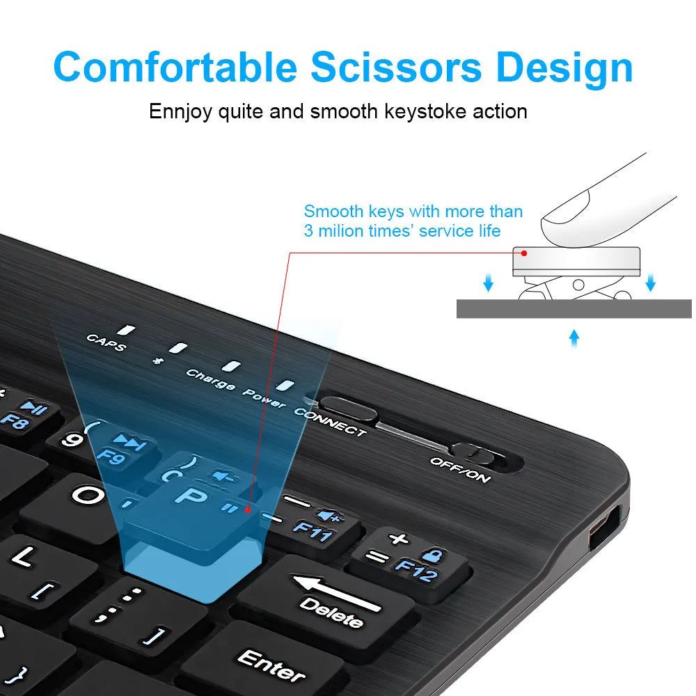 Mini Bluetooth wireless keyboard in black or white for tablets in 7, 9, and 10-inch sizes
