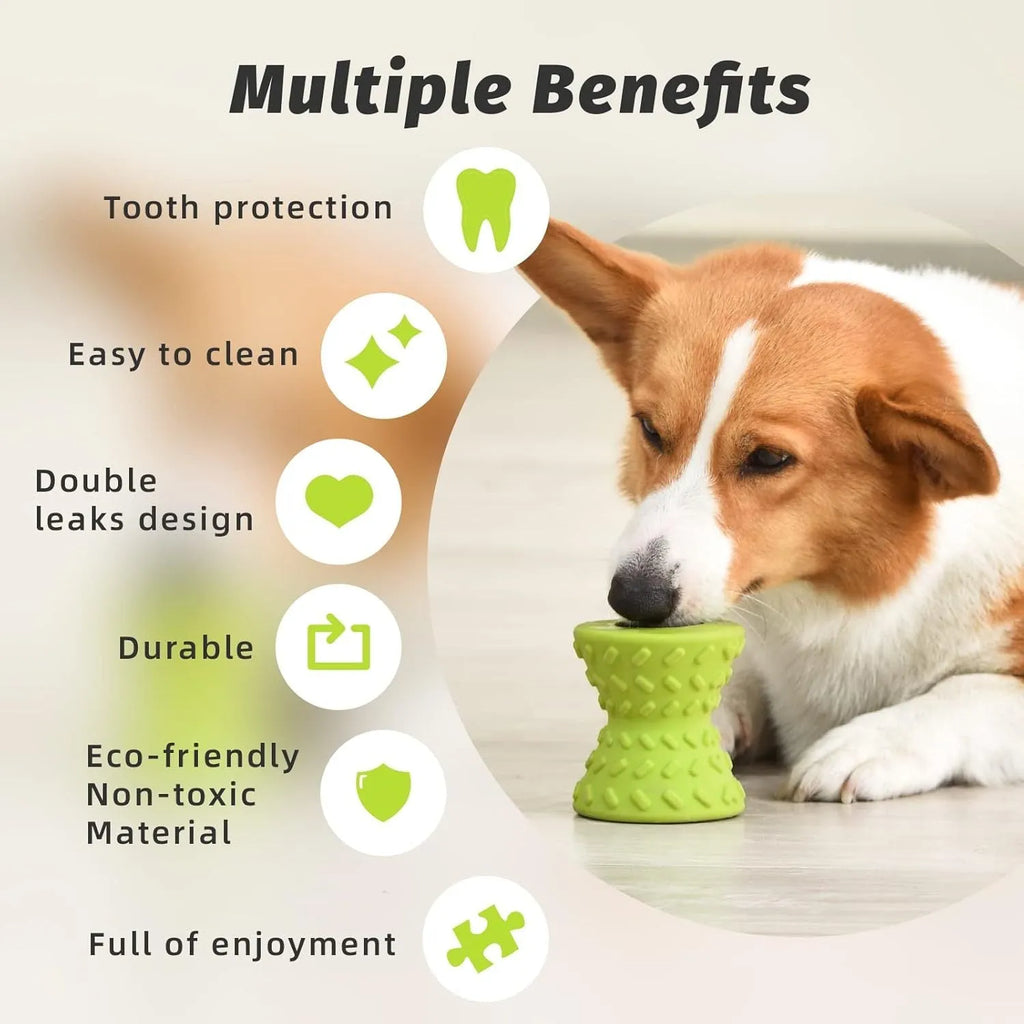 Blue natural rubber hollow dog bone treat dispensing toy with leakage holes.