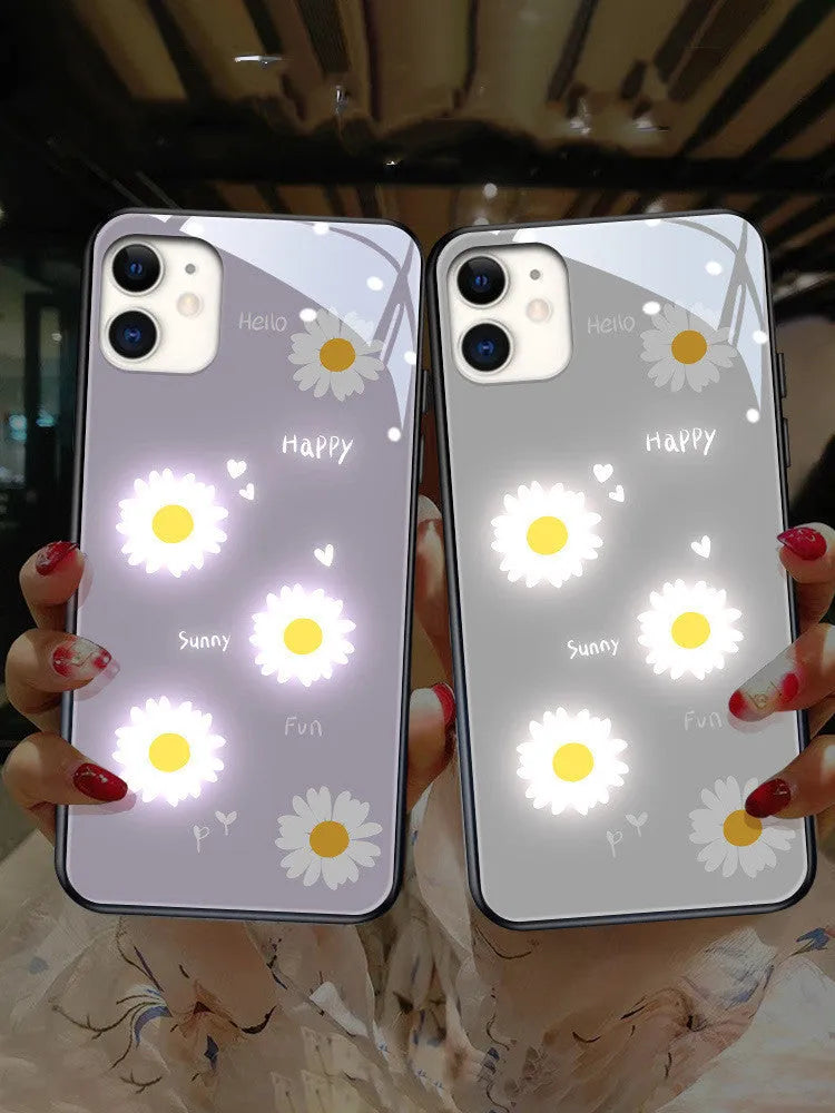Luminous iPhone case with printed daisy design and voice-activated colour lights on TPU protective shell
