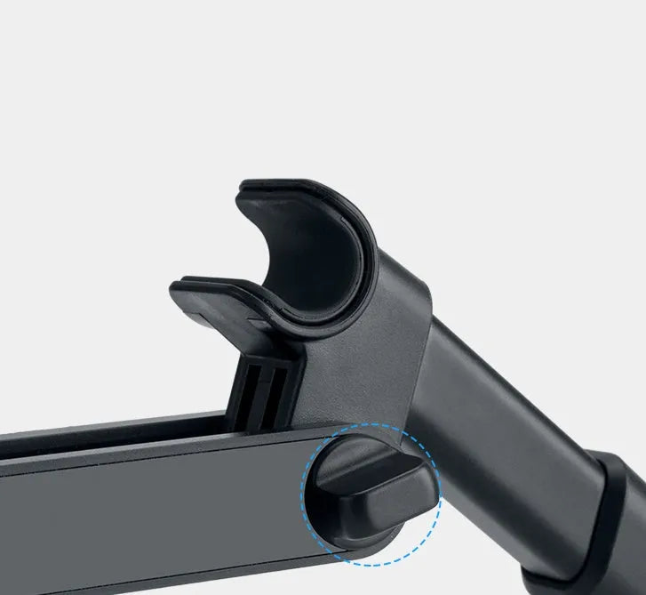 Black plastic car phone holder with universal tablet compatibility mounted on vehicle rear seat