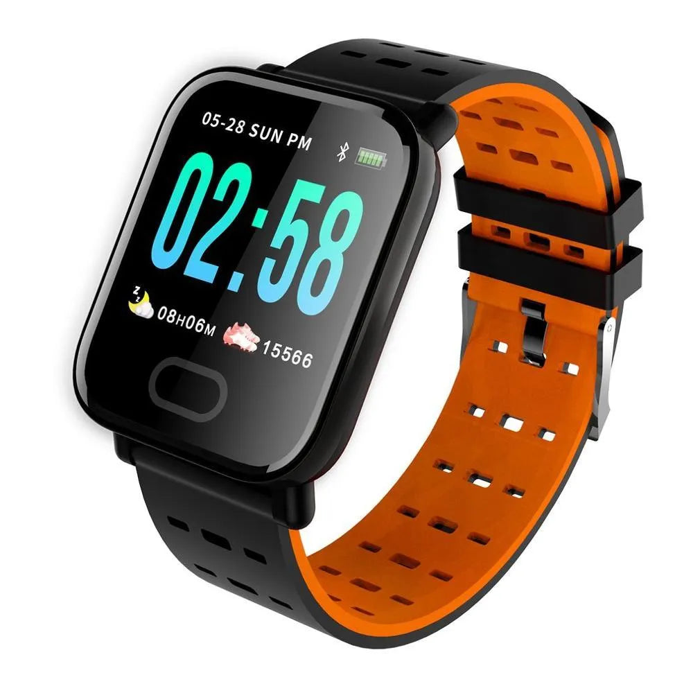 A6 smart fitness bracelet with colour screen and silicone strap showing black, blue, and orange colour options