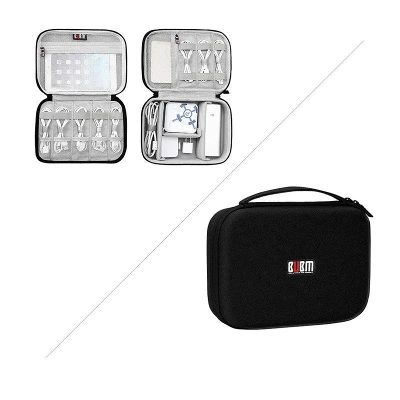 Black and grey EVA digital storage bag for headphones and cables, showing hand bag shape.