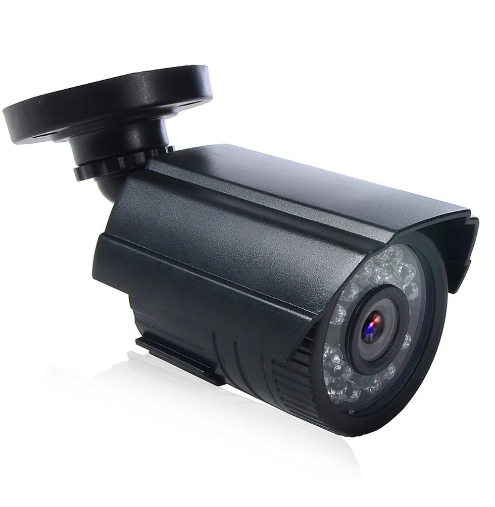 Black AHD HD waterproof surveillance camera with infrared LEDs for night vision.