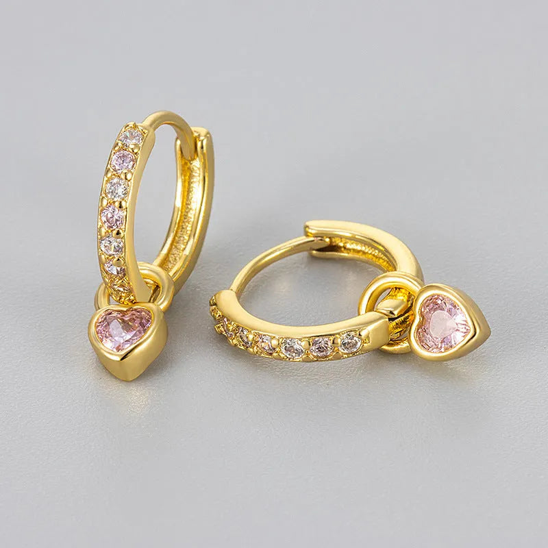 Women's copper earrings with heart-shaped drops and coloured stone accents in gold or white gold tone settings