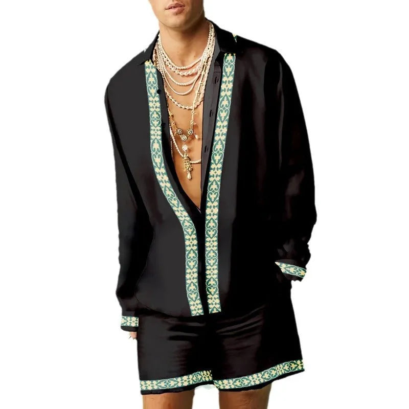 Mens casual summer outfit with long sleeve shirt and matching shorts in slim fit