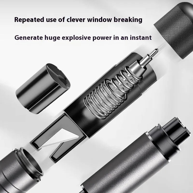 Gun grey aluminium car safety hammer with seatbelt cutter measuring 87mm long