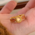 Pink crystal enamel geometric open ring with gold plating on copper base