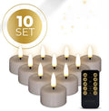 Four taupe coloured S10 3D flame LED tealight candles showing realistic flickering effect