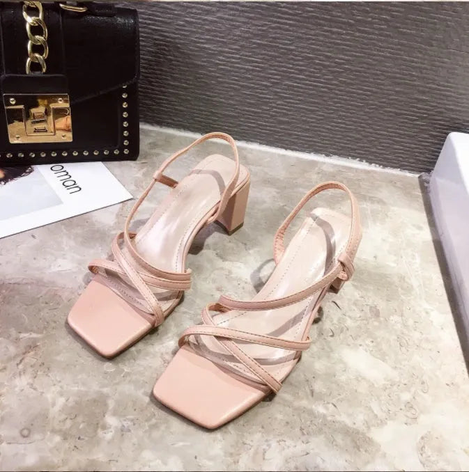 Women's white thick heel sandals with wedge sole over 8cm height, low-top design with back-empty style