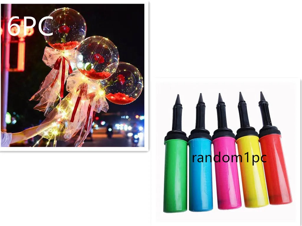 Transparent LED luminous balloon with artificial rose and built-in light, shown as a DIY bouquet kit.