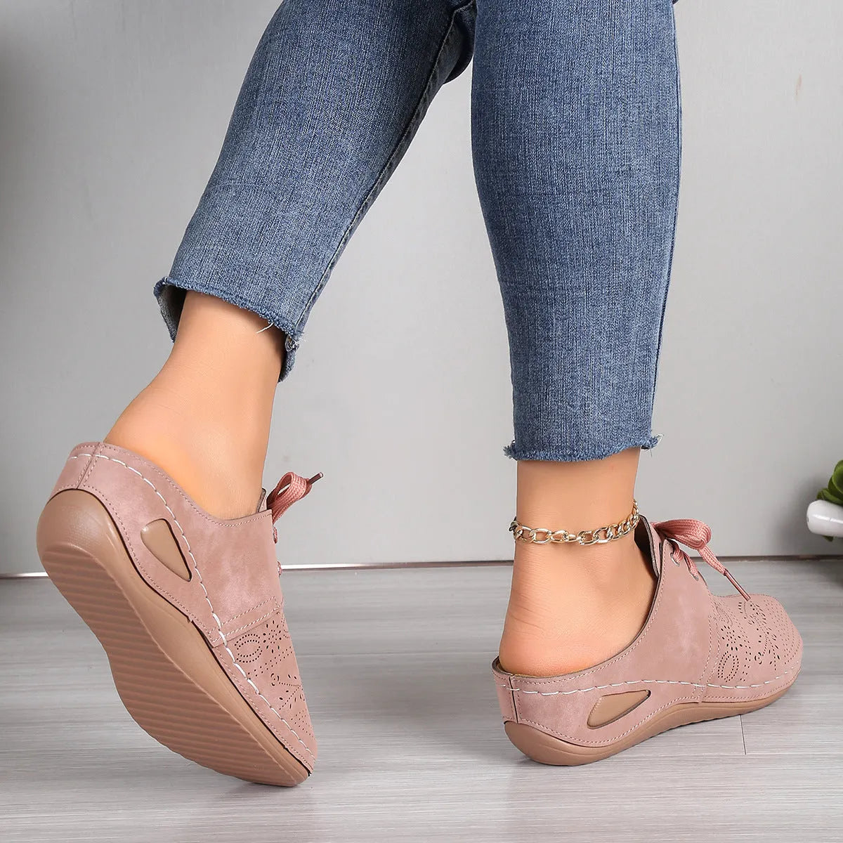 Women's baotou lace-up slippers in light grey with a hollow-out wedge and rubber sole.
