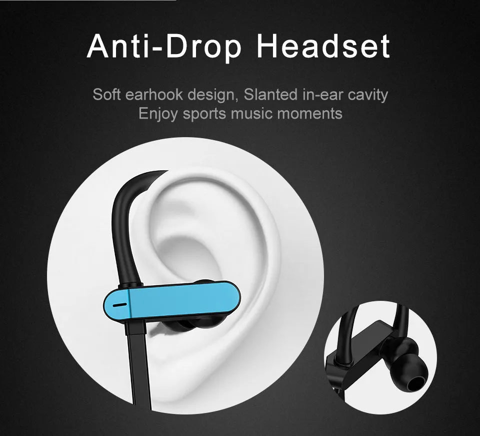 Sport ear hook headphones with microphone in black blue colour, showing over-ear hook and silicone earbuds.
