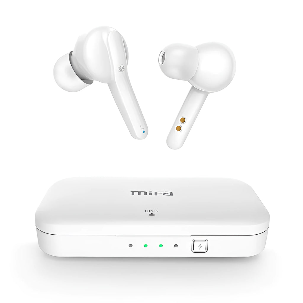 Black and white true wireless stereo earbuds with in-ear design and Bluetooth 5.0.