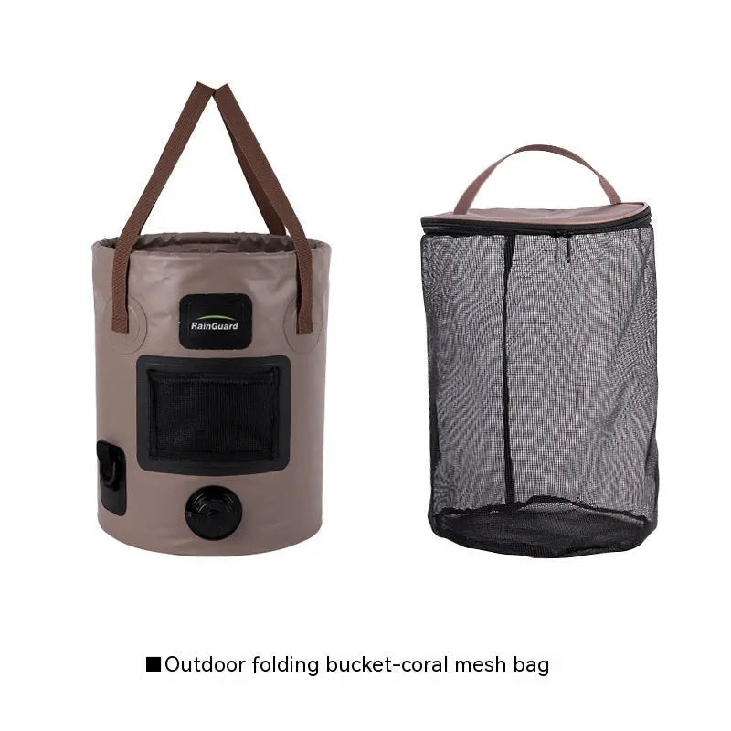 Plastic folding fishing bucket showing collapsible design and colour options with optional net pocket