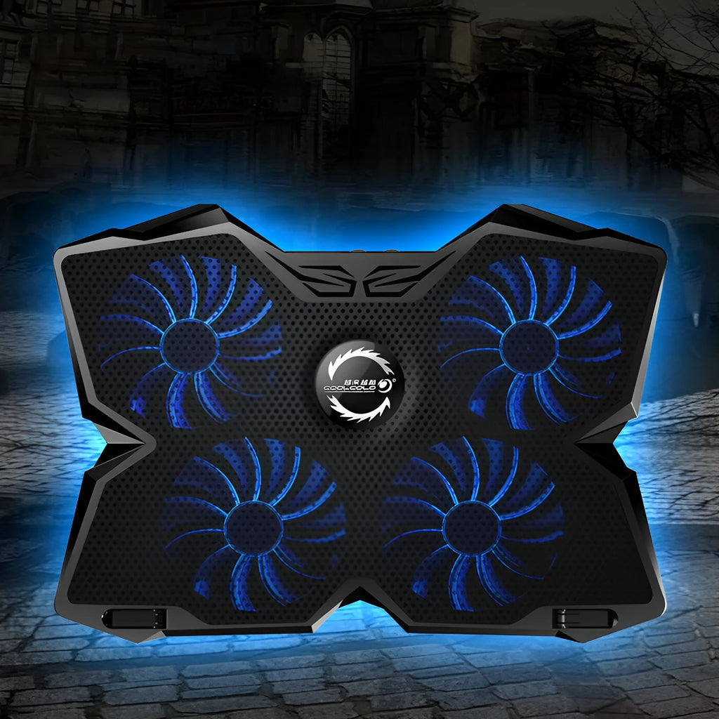 Blue laptop cooling base with four LED fans and integrated USB ports for computer temperature control