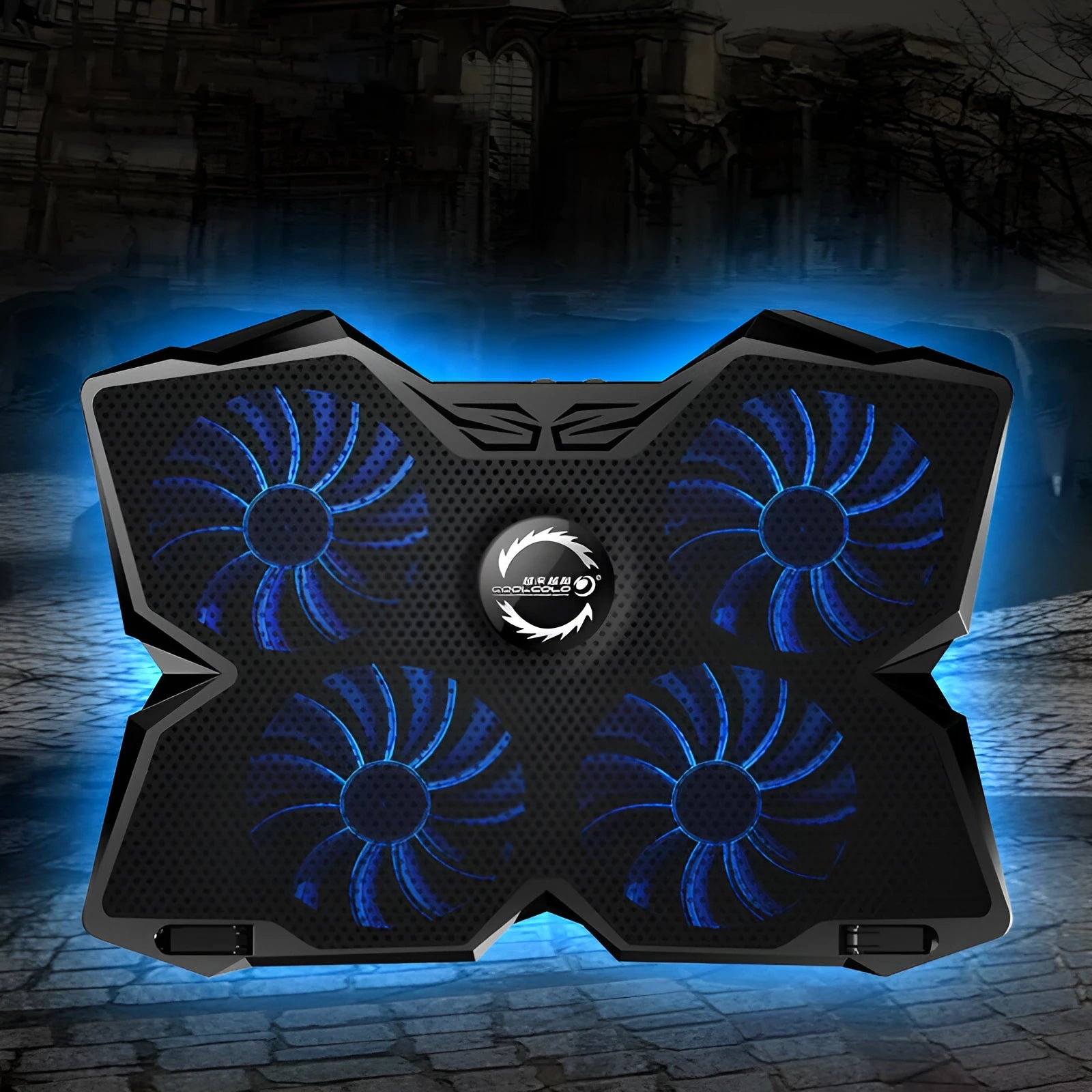 Blue laptop cooling base with four LED fans and integrated USB ports for computer temperature control
