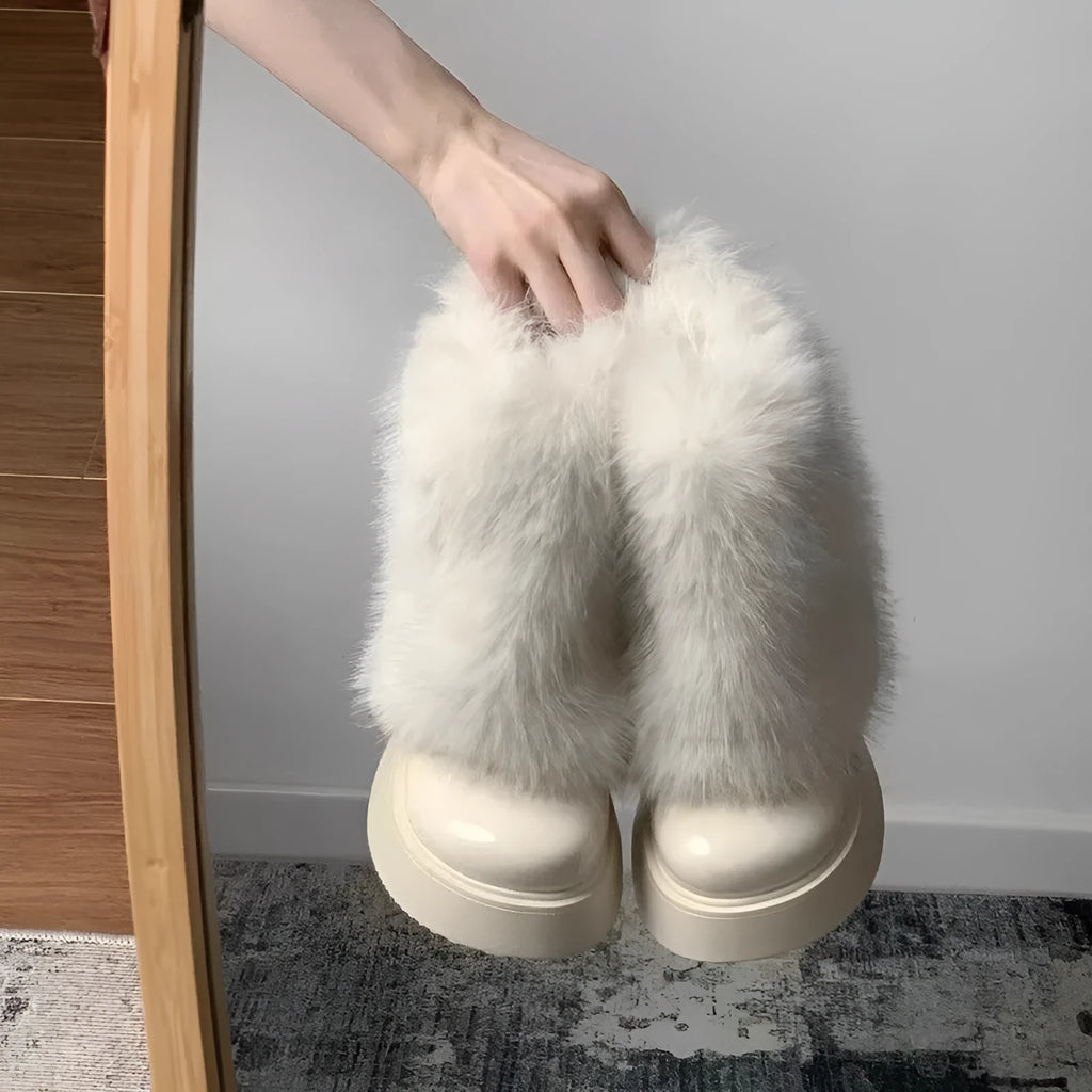 Women's black artificial plush snow boots with fleece lining and waterproof platform sole