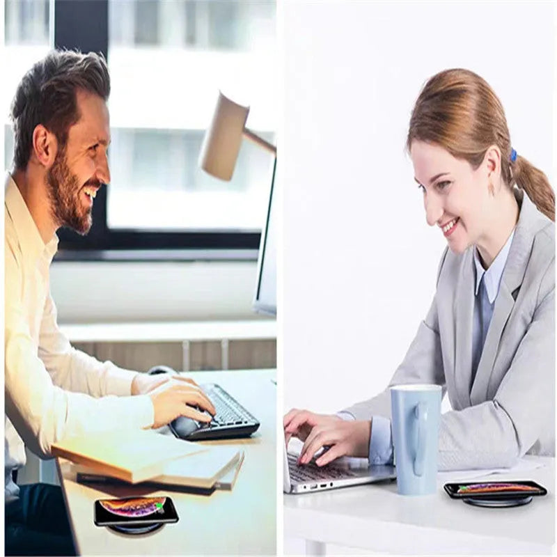 Black and white aluminium wireless charger showing LED indicator lights and anti-slip surface