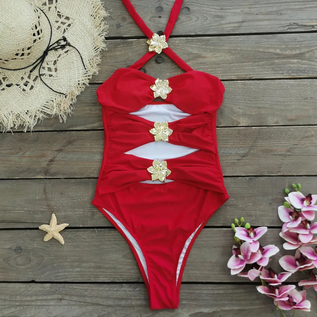 Adult female one-piece swimsuit with hollow-out tube top and matching short skirt in solid colour