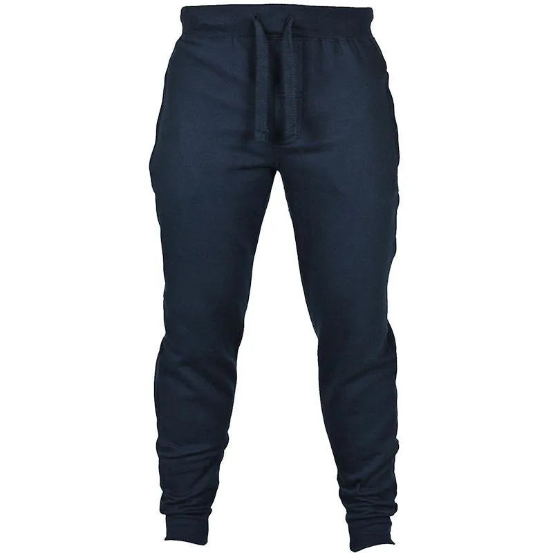 Men's solid colour cotton fleece casual pants with a drawstring waist and flat front in a loose, full-length fit.