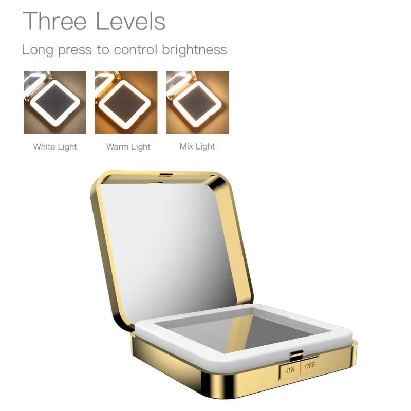 Makeup mirror with dual surfaces: 4x magnification and HD mirror with adjustable lighting