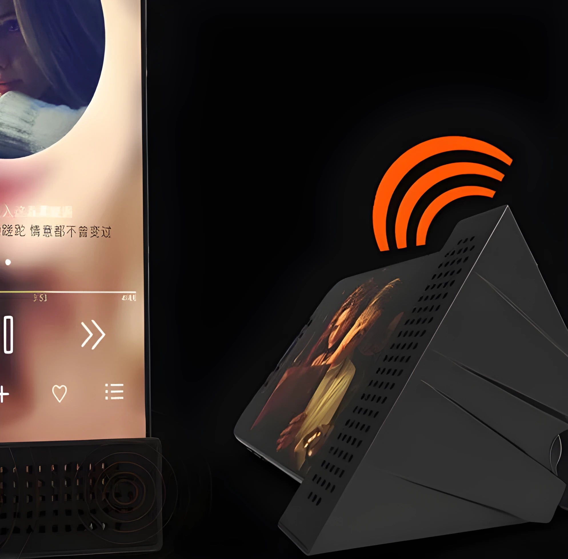 Compact black mobile phone amplifier bracket holding an iPhone on a desktop.