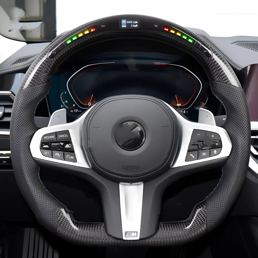 Black carbon fibre LED steering wheel for BMW X3 and X5 models with intelligent display