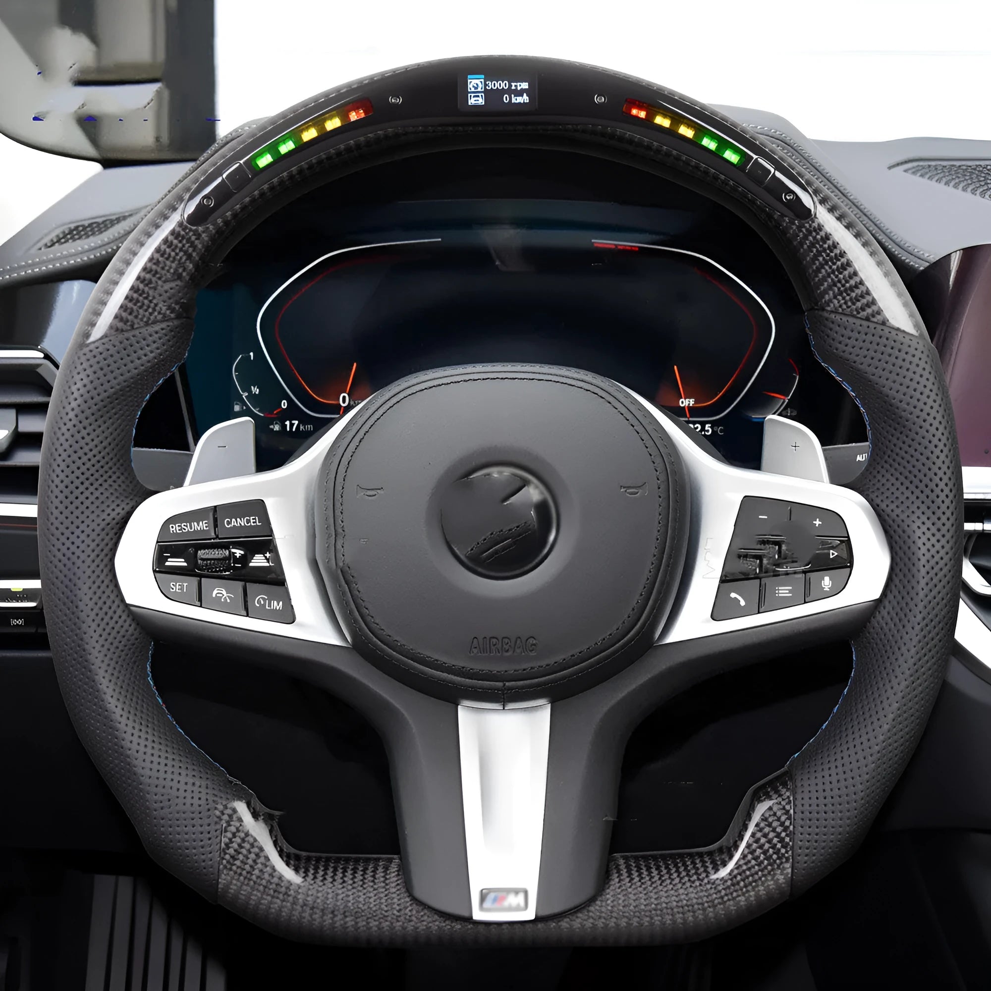 Black carbon fibre LED steering wheel for BMW X3 and X5 models with intelligent display