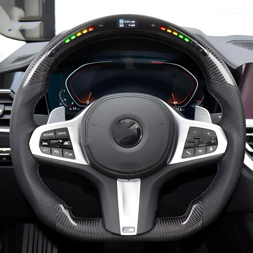 Black carbon fibre LED steering wheel for BMW X3 and X5 models with intelligent display