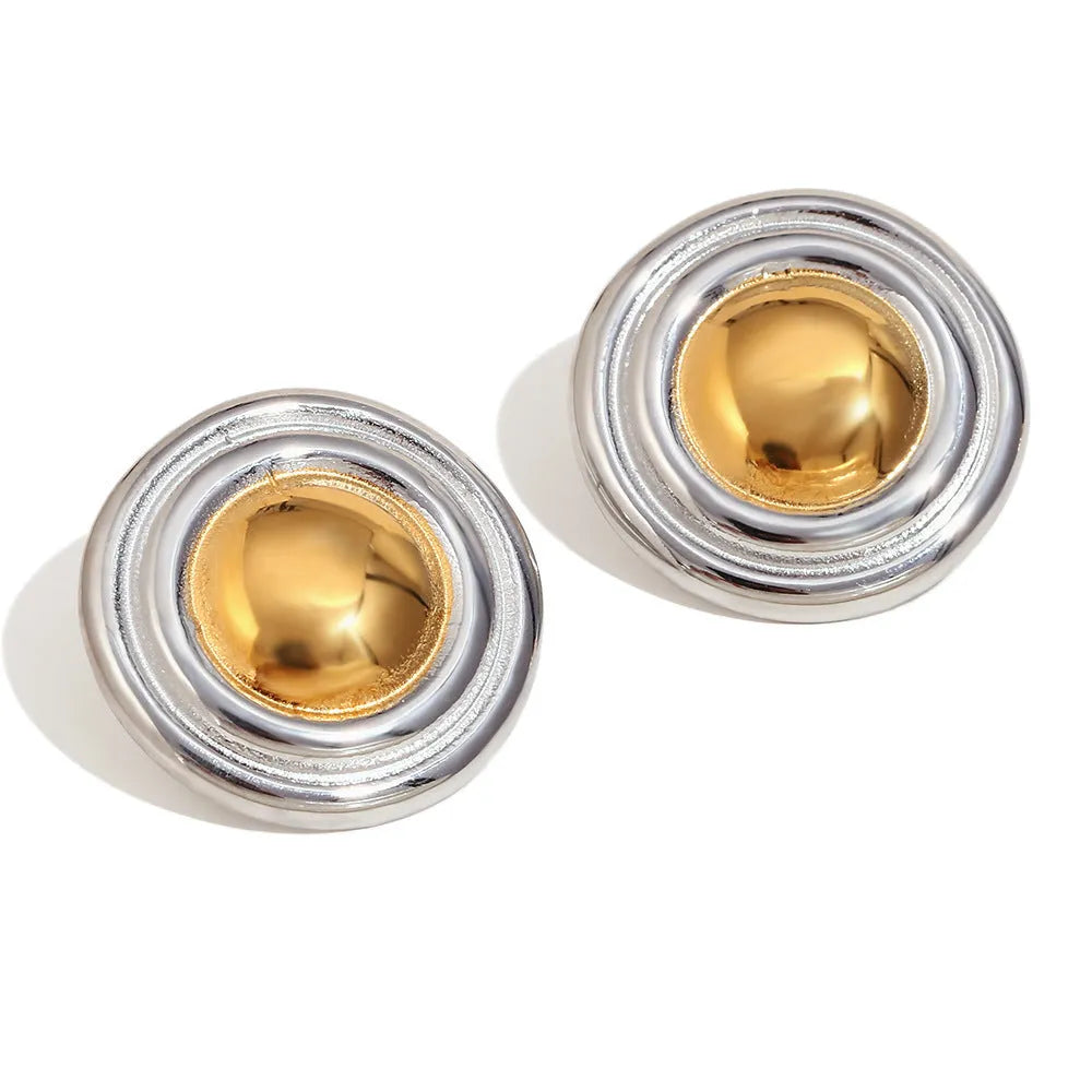 Women's geometric gold stainless steel jewellery set showing earrings, bracelet and necklace
