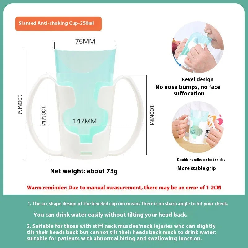 Oblique mouth choke-proof plastic drinking cup with handle and optional wrist splint for elderly adults.