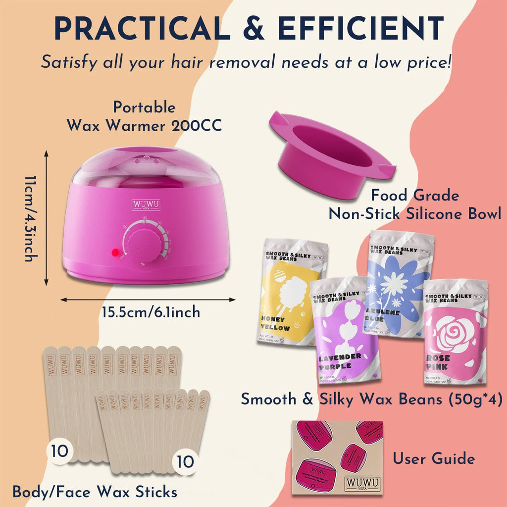 27-piece hair removal wax kit with wax warmer machine, 4 colour wax beads, and application sticks