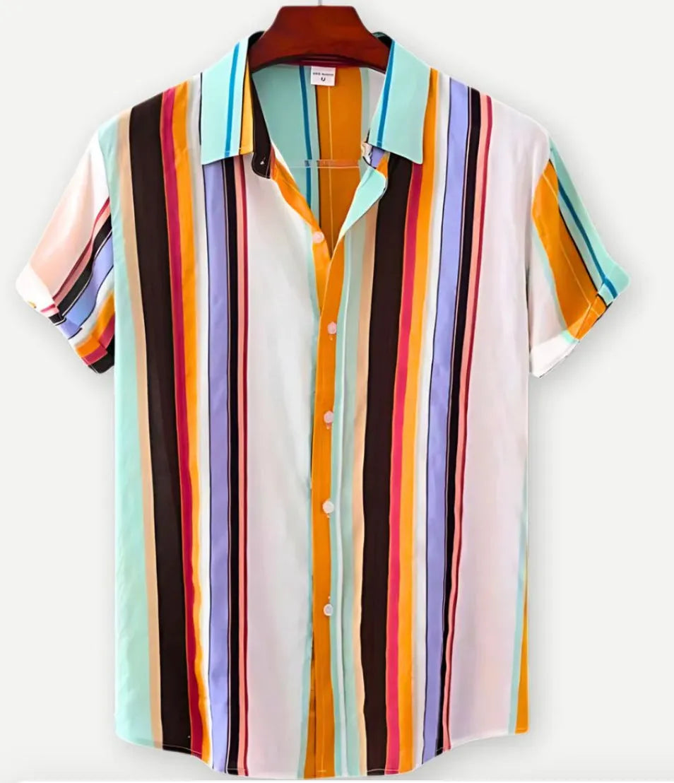 Man wearing a short sleeve Hawaiian print shirt with a floral lapel, made from elastic polyester fabric.