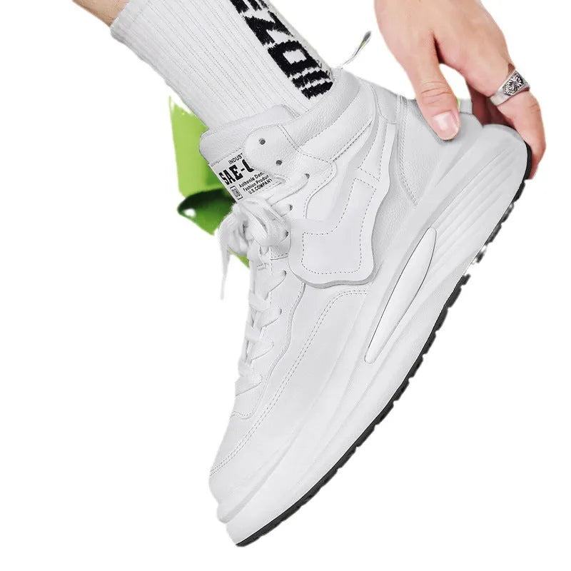 Men's black and white high-top platform board shoes made of artificial PU leather