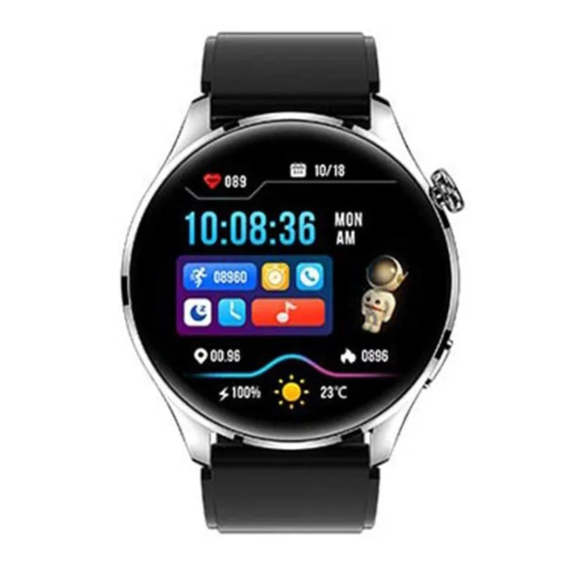 Smart watch with round colour screen and zinc alloy case on a black silicone strap.